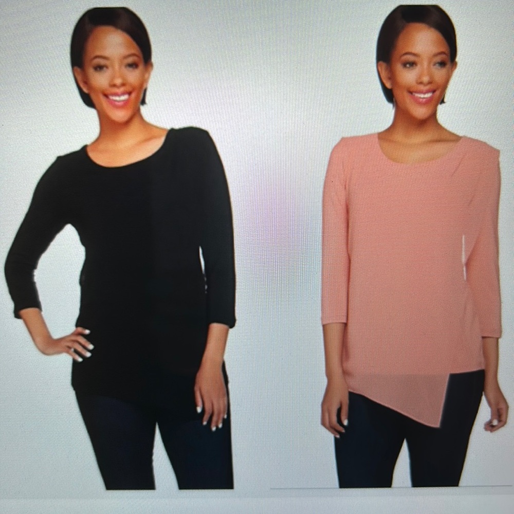 H by Halston Black Asymmetrical Chiffon Overlay Knit Top Blouse  New MEDIUM